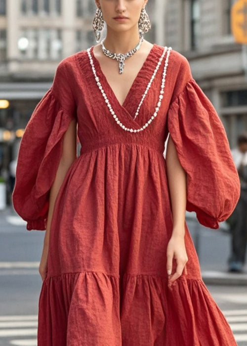 Red Nail Bead Exra Large Hem Cotton Dress Fall