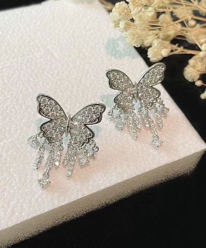 Silk Sterling Silver Alloy Inlaid Zircon Butterfly Tassel Drop Earrings