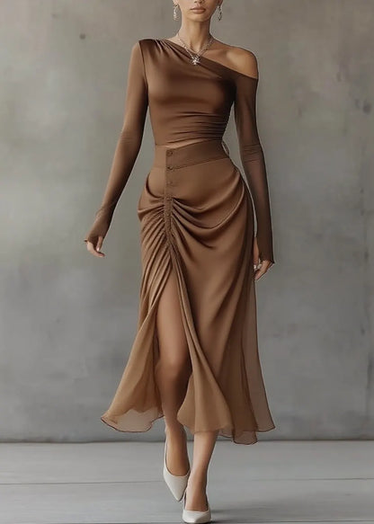 French Brown Asymmetrical Top and Maxi Skirts Two Pieces Set Spring
