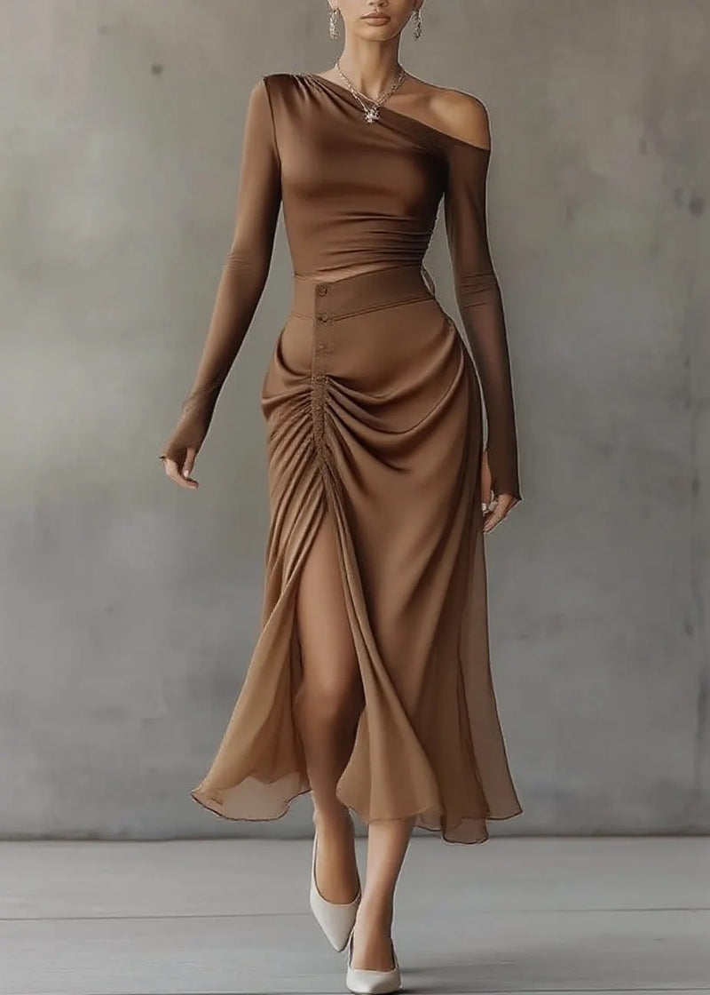 French Brown Asymmetrical Top and Maxi Skirts Two Pieces Set Spring
