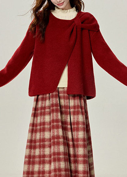 Red O Neck Versatile Knit Sweaters Spring