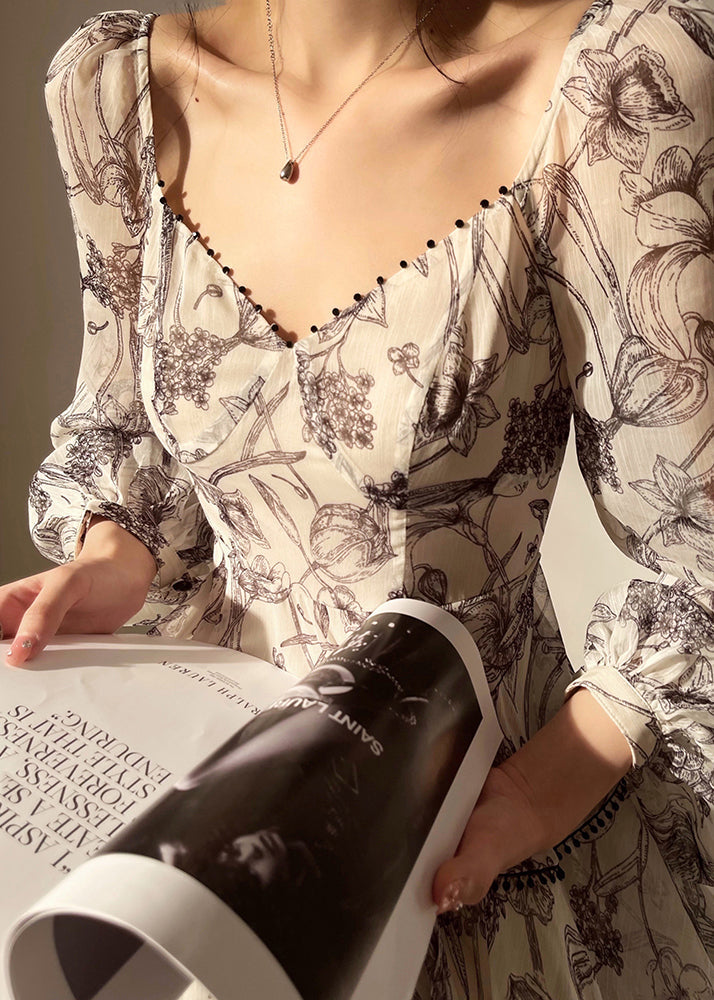 V Neck Print Chiffon Mid Dress Lantern Sleeve
