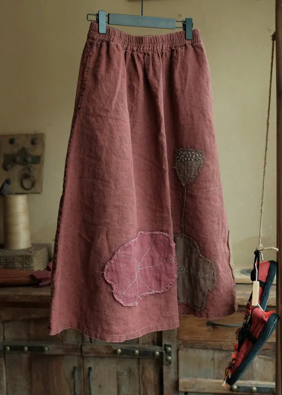 Green Pockets Patch Patchwork Linen Skirt Spring