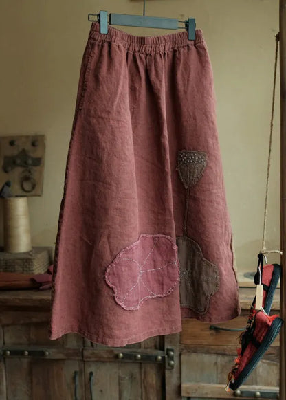 Green Pockets Patch Patchwork Linen Skirt Spring