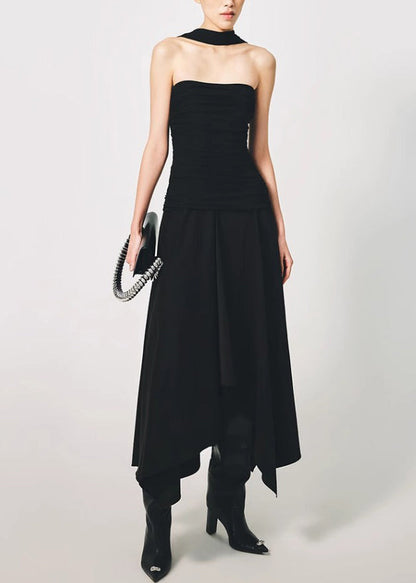 Italian Black Wrinkled Cotton Long Dress Sleeveless