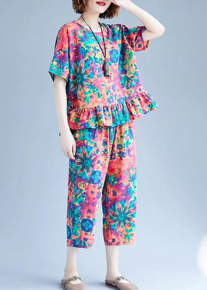 Red Patchwork Ruffles Cotton Two Piece Set Clothing Pockets Spring