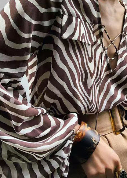 European and American Striped Printed Long Sleeved Lace Up Shirt