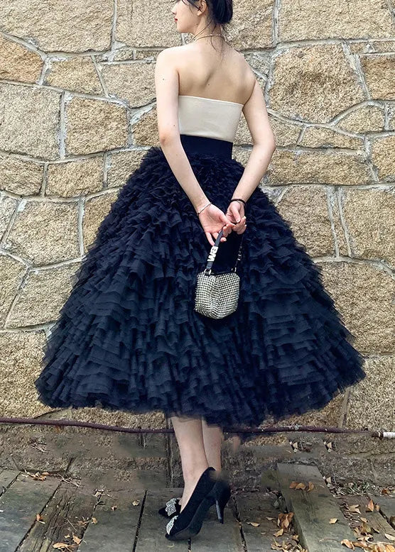 Black High Waist Patchwork Tulle Skirts Spring