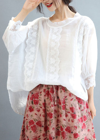 White O-neck Oversized Linen Blouse Tops Bracelet Sleeve