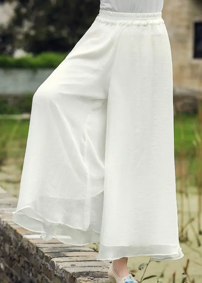 White Elastic Waist Silk Wide Leg Pants Fall