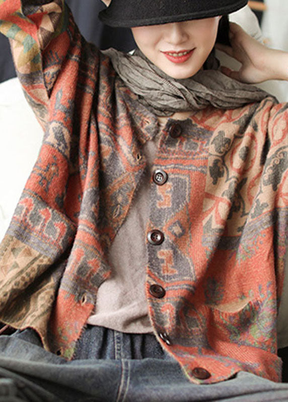 Diy Khaki Loose Knit Print Button Pockets Fall Sweater Cardigans