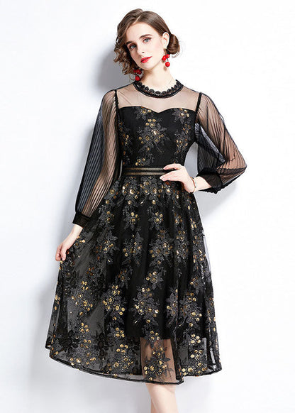 Black Embroideried Sequins Patchwork Hollow Out Tulle Dress Fall