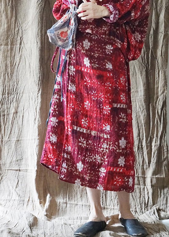 Slim Fit Red Tie Waist Print Asymmetrical Design Cotton Skirt Spring