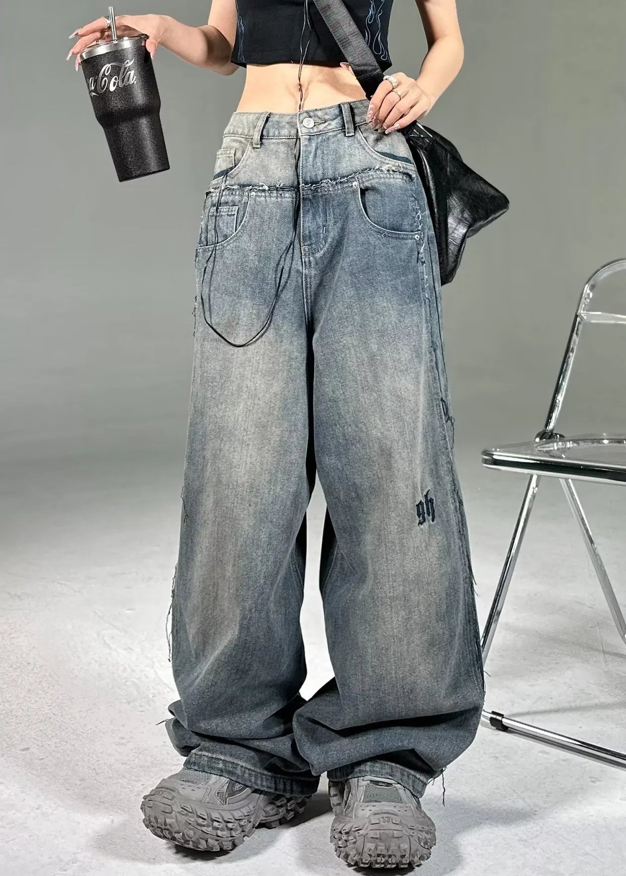 French Blue Pockets High Waist Neutral Denim Pants Summer