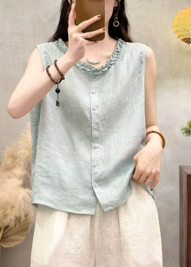 Yellow Ruffled Button Patchwork Linen Top Sleeveless