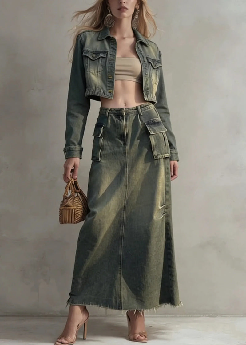 Stylish Peter Pan Collar Coat and Skirts Denim Two Pieces Set Spring