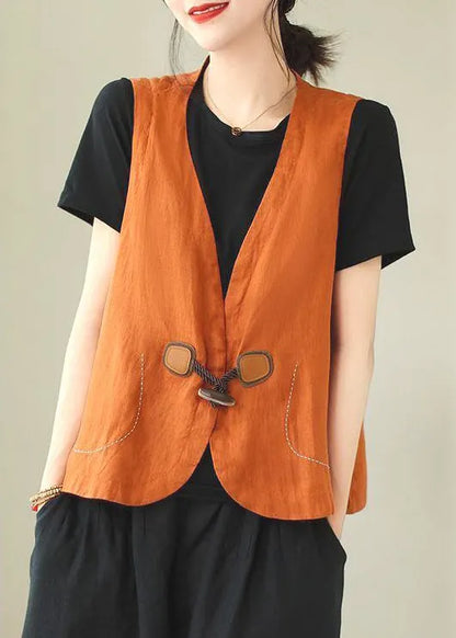 Loose Orange V Neck Button Linen Waistcoat Sleeveless