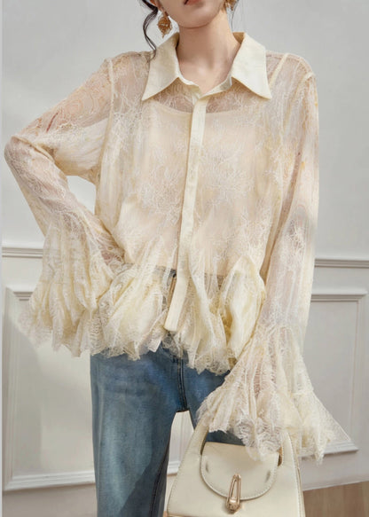 Apricot Peter Pan Collar Button Chiffon Shirt Spring