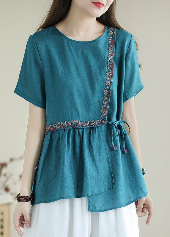 Blue Embroideried Shirt Top Short Sleeve