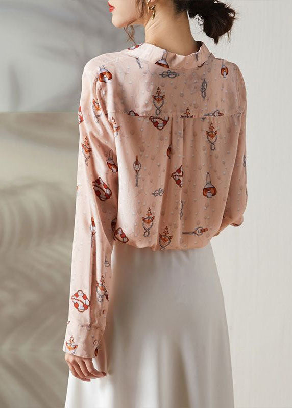 Pink Peter Pan Collar Print Silk Blouses Spring