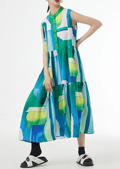 Green Stand Collar Print Patchwork Cotton Party Long Dresses Sleeveless