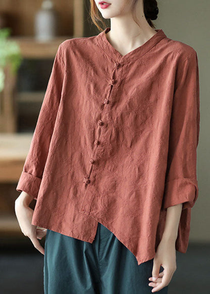 Brick Red Asymmetrical Design Patchwork Button Fall Blouses