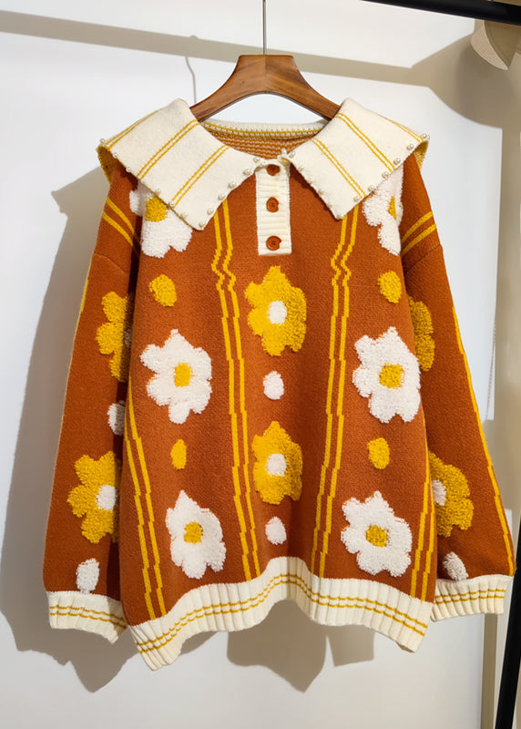 Blue Sailor Collar Jacquard Nail Bead Knitted Sweater Tops Winter