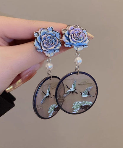 Chinese Style Blue Sterling Silver Pearl Crowned Crane Drop Earrings