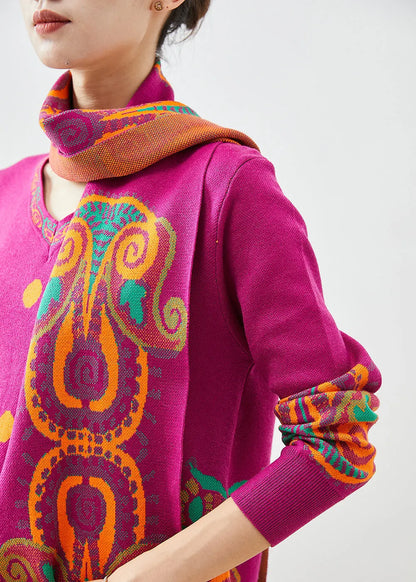 Rose Print Complimentary Scarf Knit Dress Fall
