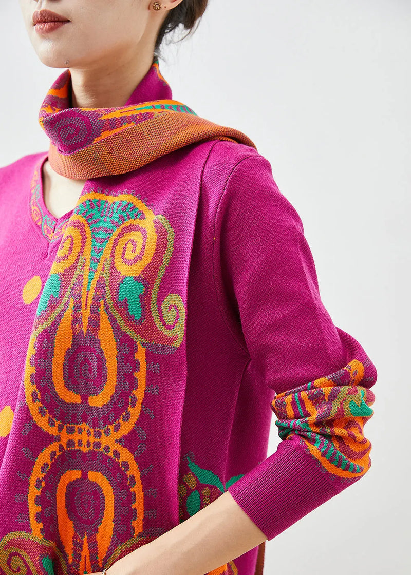 Rose Print Complimentary Scarf Knit Dress Fall