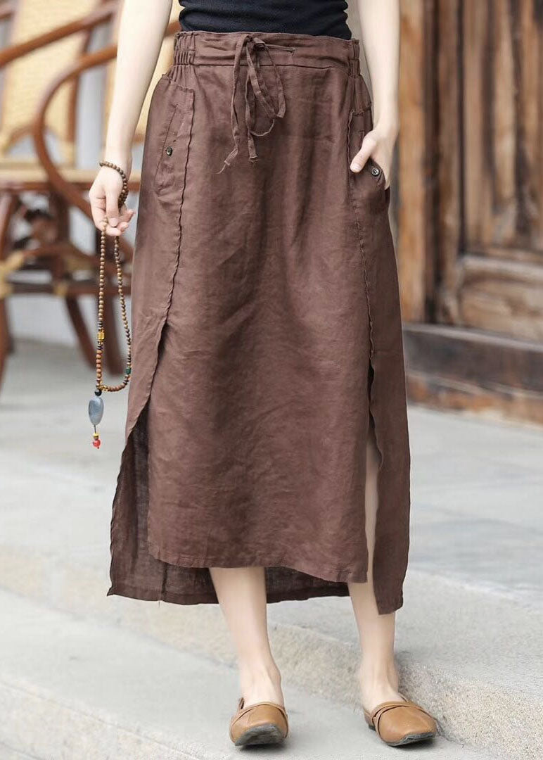 Coffee Cinched Pockets Patchwork Linen Skirts Summer