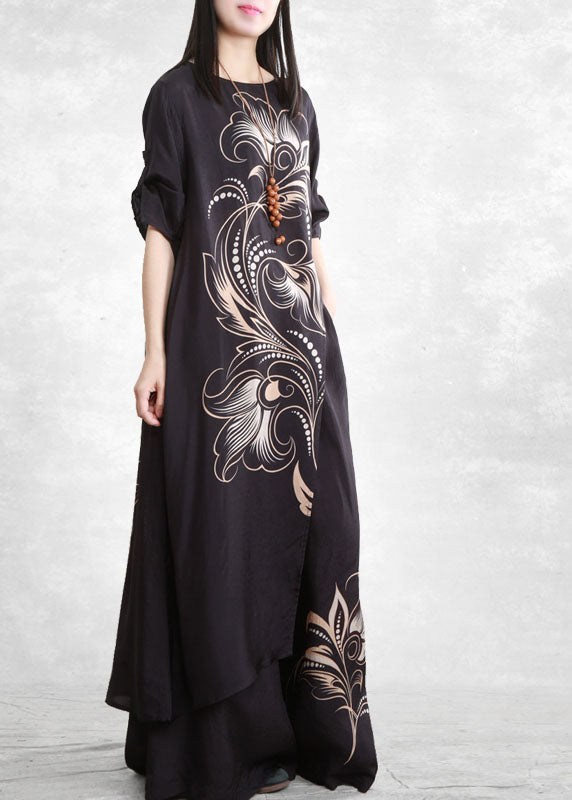 Black Asymmetrical Pockets Print Tops and Wide Leg Pants Two Pieces Set Spring