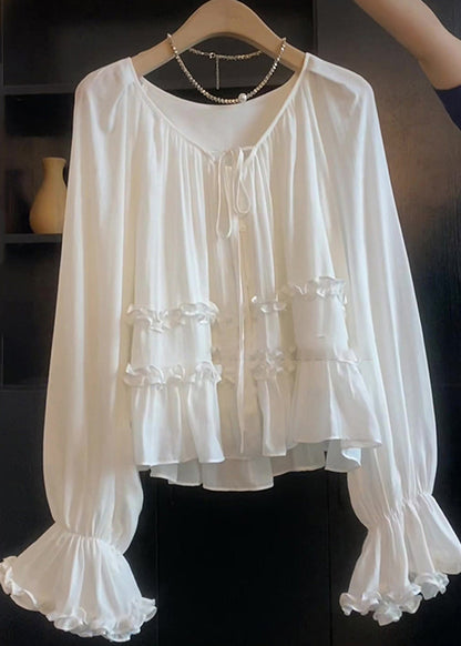 White Lace Up Ruffled Cotton Shirt Top Flare Sleeve