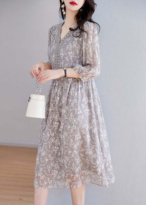 Grey Embroidered Nail Bead Patchwork Silk Dress Half Sleeve