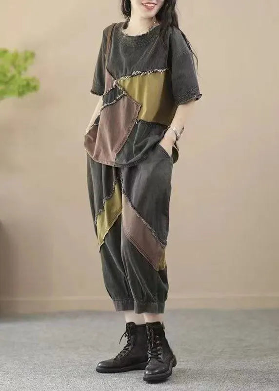 Blue O Neck Patchwork Denim 2 Piece Outfit Summer