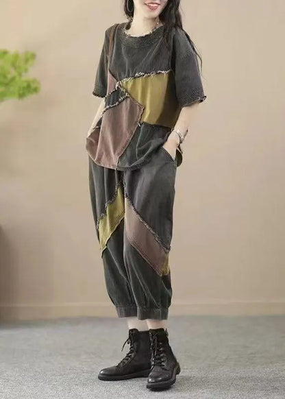 Blue O Neck Patchwork Denim 2 Piece Outfit Summer