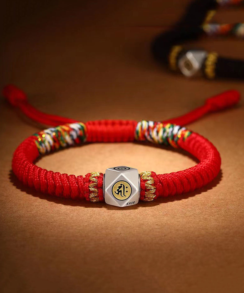 Handmade Red Sterling Silver Hand Woven the Twelve Chinese Zodiac Signs Tassel Charm Bracelet