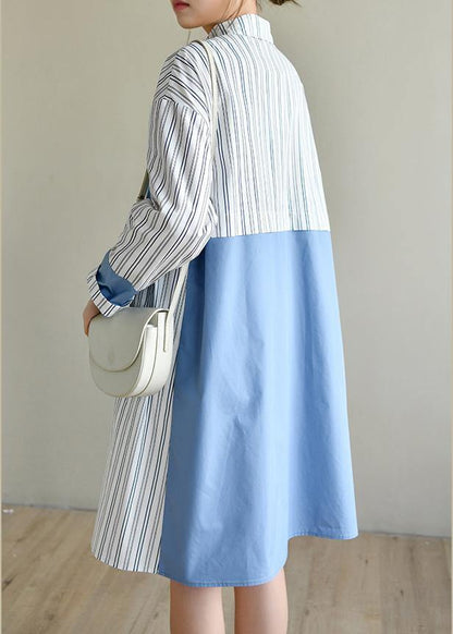 French Blue Cotton Dress Striped Patchwork Dress