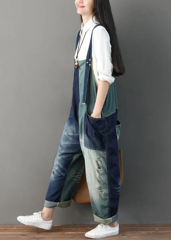 Italian Blue Hole Pockets Patchwork Jumpsuit Spring