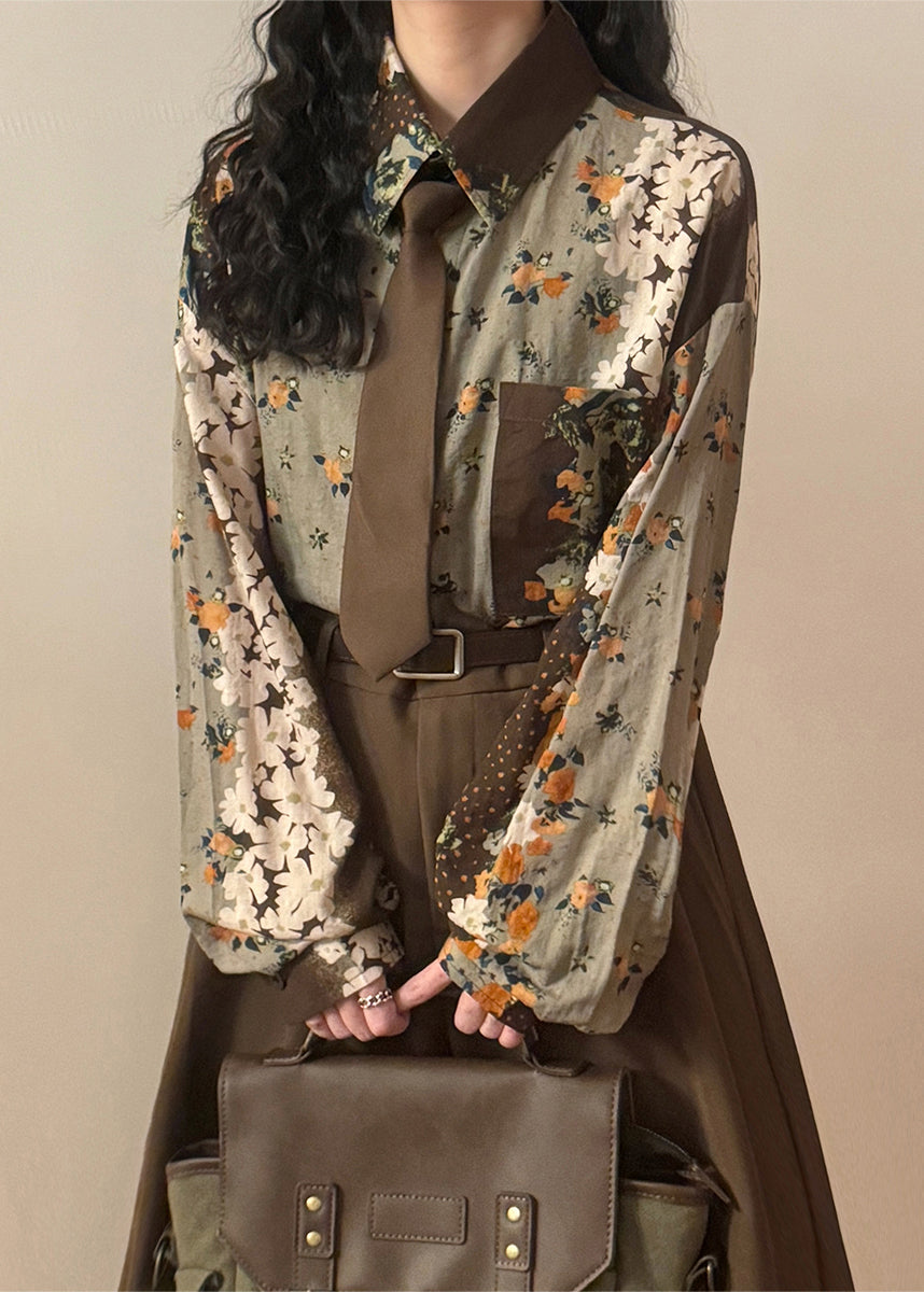 Green Print Button Pockets Cotton Blouses Spring