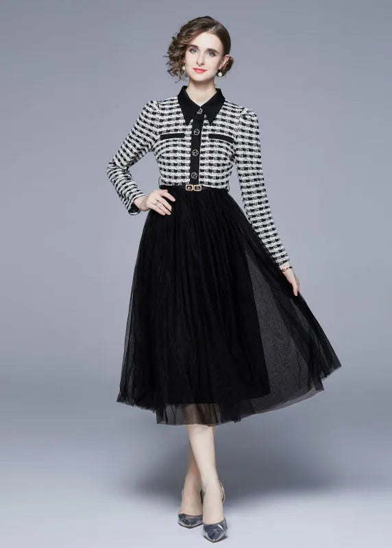 Black Peter Pan Collar Patchwork Tulle Cinch Dress Spring