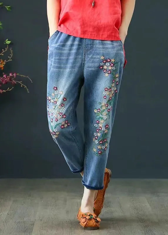 Blue Embroidered Denim Crop Pants Summer