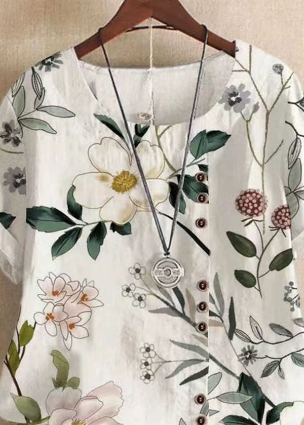 White O Neck Print Patchwork Linen T Shirts Tops Summer