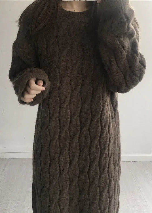 Loose Apricot O-neck Cozy Thick Cashmere Long Knit Sweater Dress Winter