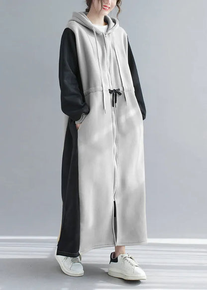 Grey Hooded Drawstring Patchwork Warm Fleece Dress Spring
