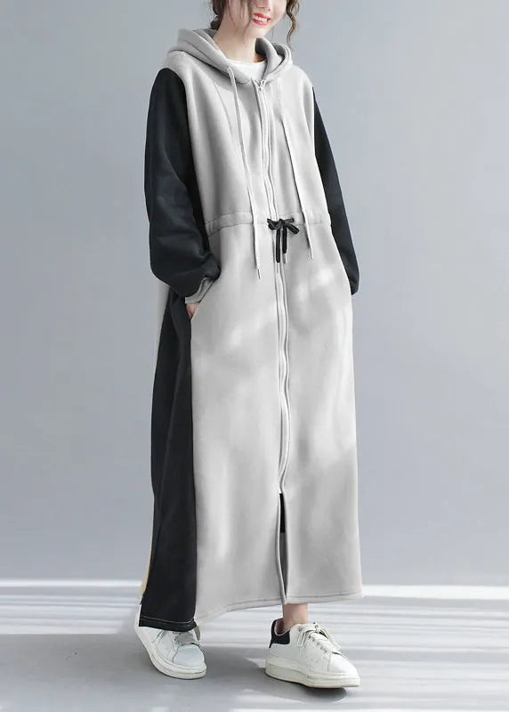 Grey Hooded Drawstring Patchwork Warm Fleece Dress Spring