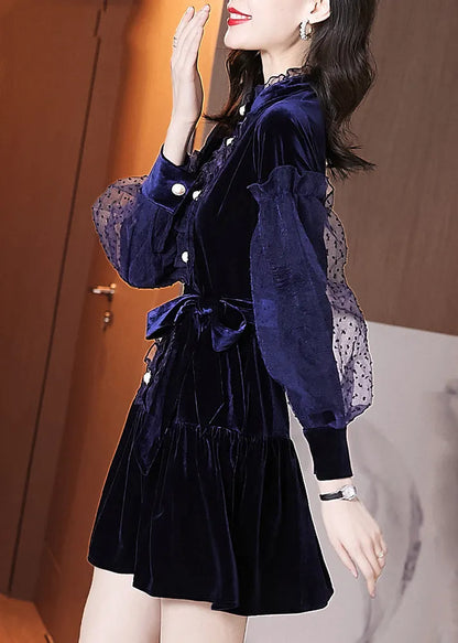 Navy Ruffled Tie Waist Patchwork Velour Dresses Puff Sleeve