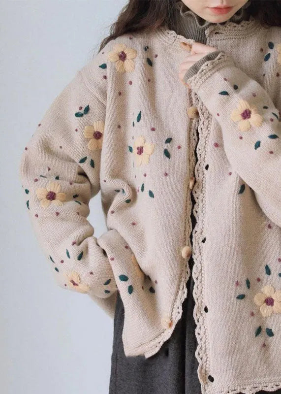 Handmade Coffee Embroideried Lace Patchwork Cotton Knit Coats Long Sleeve