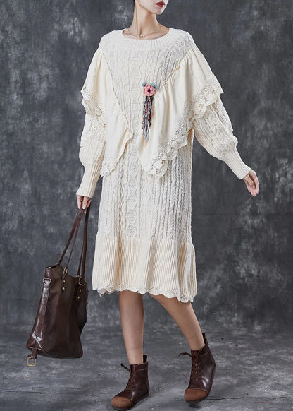 French Apricot Ruffleds Patchwork Knit Sweater Dress Winter