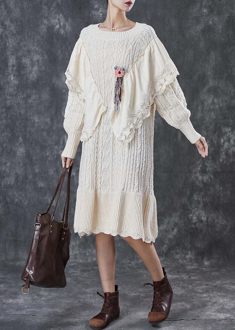 French Apricot Ruffleds Patchwork Knit Sweater Dress Winter